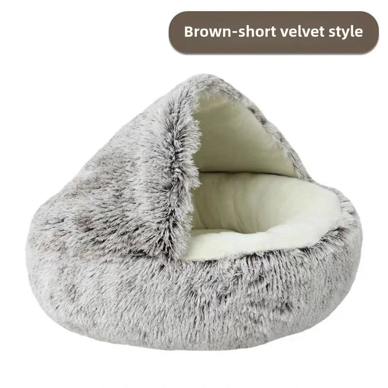 "Plush Winter Pets Bed – Warm, Semi-Enclosed Nest for Cozy Comfort