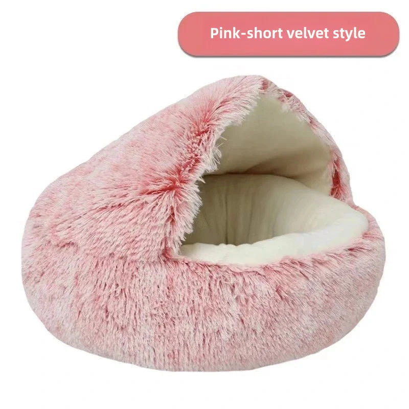 "Plush Winter Pets Bed – Warm, Semi-Enclosed Nest for Cozy Comfort